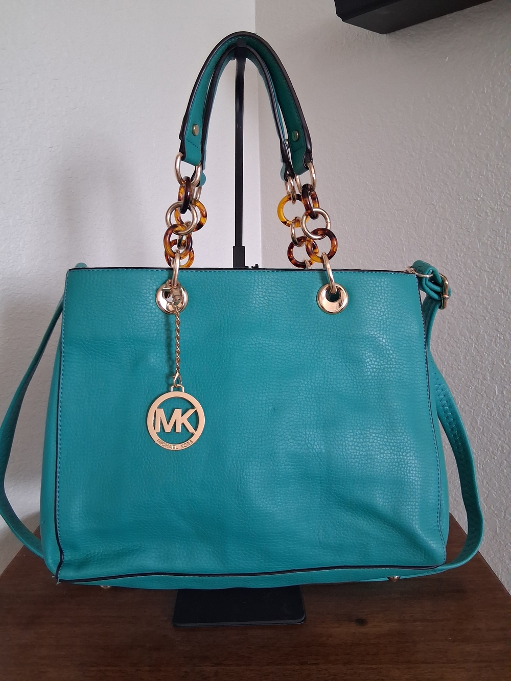 Michael Kors Cynthia Teal Leather Satchel with Gold Accents
